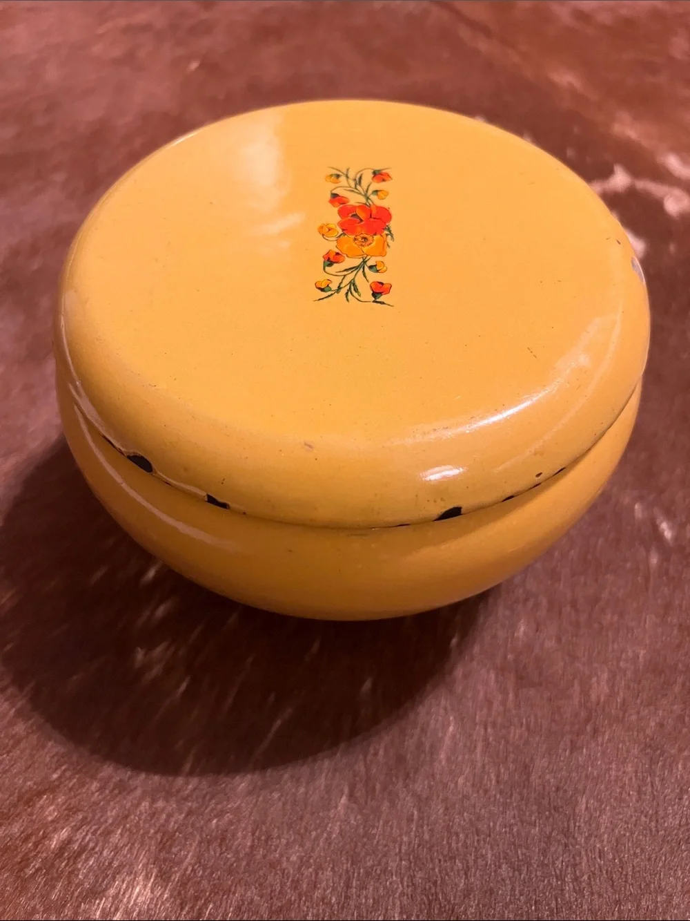 Vintage Yellow Enameled Cast Iron Mini Cauldron Pot with Lid